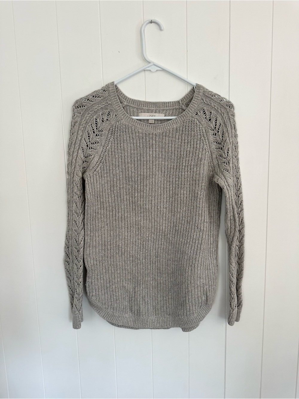 LOFT Gray Crewneck Sweater with Openwork Sleeves